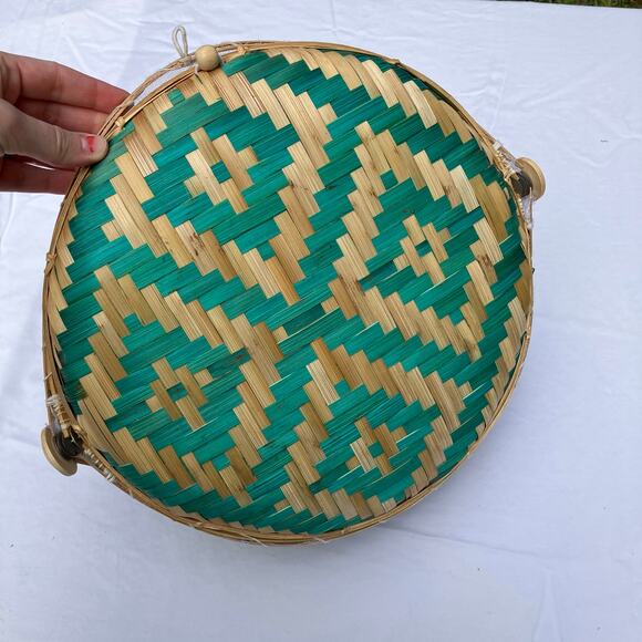 Hand Woven Bamboo Food Serving Tent w/Mesh Cover Teal Aztec - Picture 3 of 8